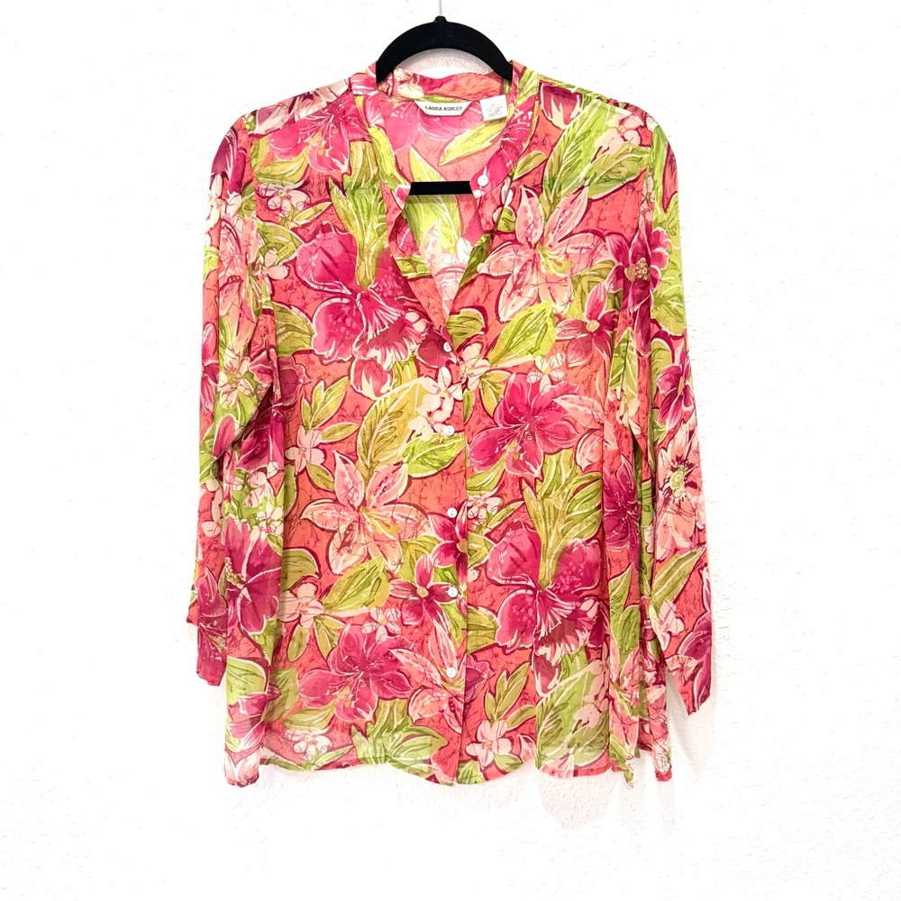 Laura Ashley 100% silk Pink and‎ Green Floral Blouse L